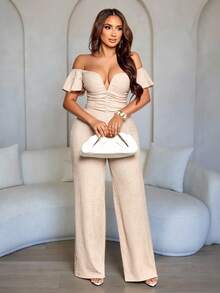 SOLERSUN Women's Fashionable Elegant V-Neck Off Shoulder Ruffle Sleeve Party Night Club Sparkly Fabrics Jumpsuits, Slim-Fit Wide Legs Elegant Party/Date Night Romper - Apricot - View 4