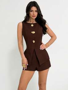 Firerie Women's Elegant Minimalist Chic Fashion Commute Urban Modern Vacation Casual Metal Buckle Vest And Shorts Brown 2 Pieces Set - Brown - View 7