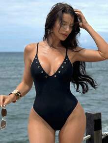 Bonvoyette 1 pieza Traje de baño de una sola pieza de color negro sólido para mujer, con escote en V profundo, recortes de ojal, espalda descubierta con cordones, corte alto, adecuado para nadar, vacaciones, playa, fiesta en la piscina - Negro - Ver 5