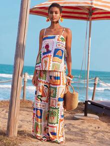 Travachic Conjunto de camiseta de tirantes y pantalones de pierna ancha con estampado animal para vacaciones de verano de mujer - Multicolor - Ver 5