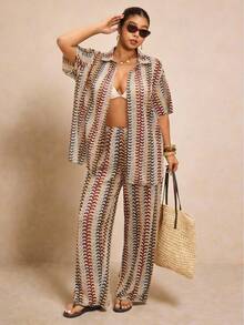 Elaquor Plus Size Striped Print Elastic Waist Casual Cover-Up Pants , Spring - Multicolor - View 1