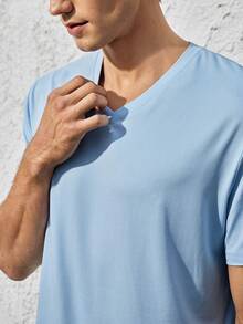 Mercer Haus Men's Fashionable Versatile Solid Color Casual V-Neck Slim Fit Short Sleeve T-Shirt, Summer , Suitable For Summer Tropical Holiday Vacation In Hawaii. - Baby Blue - View 6