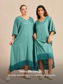 LUVLETTE Women's Breathable Teal Satin Sleep Dress Loose-Fit Midi Dress With Fringe Trim Lightweight Nightwear Gown Pyjama - Green - View 9