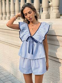 Pariaura 女士新款V领蝴蝶结荷叶边上衣+短裤两件套 - 藍白色 - 查看 3