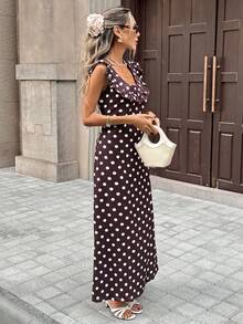 SHEIN PariChic Đầm nữ cổ vuông, viền bèo nhún, chấm bi nâu, dáng ôm, phong cách retro và gợi cảm, hơi hướng cổ điển, đầm mùa hè, trang phục mùa hè, đầm ngày Valentine, đầm sinh nhật, đầm thanh lịch nữ, đầm thường ngày nữ, đầm đi nghỉ mát, trang phục duyên dáng nữ, đầm chấm bi, đầm màu nâu - màu nâu - Xem 5