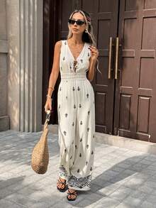 SHEIN PariChic Women's New Deep V-Neck Sleeveless Cinched Waist Printed Wide Leg Jumpsuit - Apricot - View 3