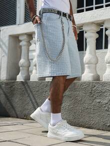 Manfinity EMRG Men's Casual Crochet Blue Denim Shorts, Street Fashion - Light Wash - View 8