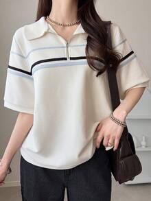 FRIFUL 女士宽松撞色半拉链高领T恤衫（夏季款） - 白色 - 查看 6