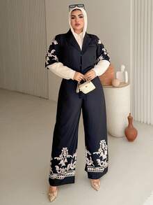 Dazy Plus Plus Size Women V-Neck Patterned Print Lace-Up Long Jumpsuit, Suitable For Commuting, Spring/Summer Romper - Navy Blue - View 5