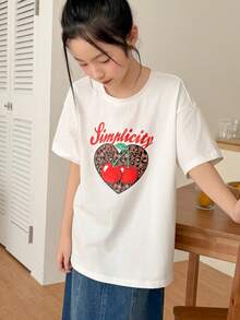 DAZY Tween Girls' Casual Vacation & Commute Fashion Leopard, Heart, Cherry, Letter Print Loose Fit T-Shirt, Summer - White - View 7
