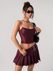 SHEIN ICON Women's Solid Color Fashionable Bandeau Top, Short Fitted Ribbed Design - Burgundy - View 4