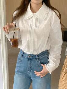 DAZY Women's Fitted Lace Collar Commuter Shirt - White - View 2