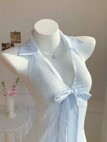 Comfortcana 女士条纹前系带荷叶边下摆无袖连衣裙 - 淺藍色 - 查看 5