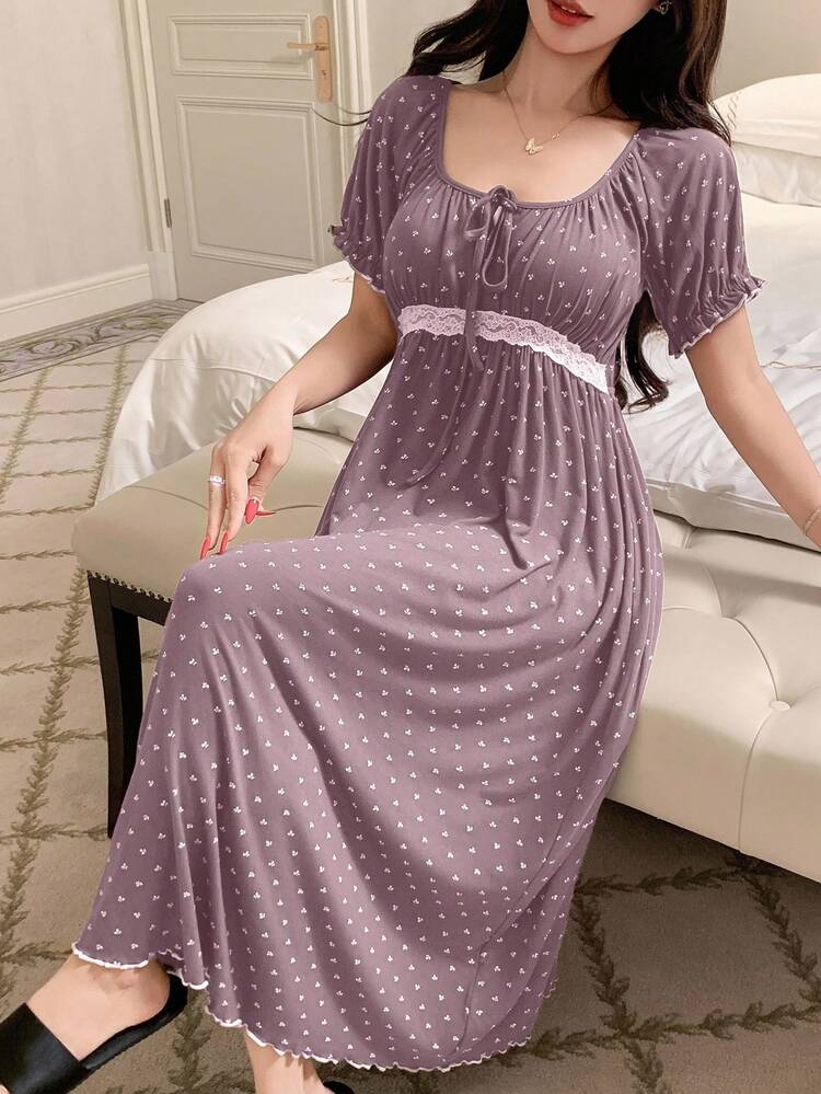 French Floral Ruched Tie-Up Lace Patchwork Waist Maxi Nightgown, Women Sleepwear Dress