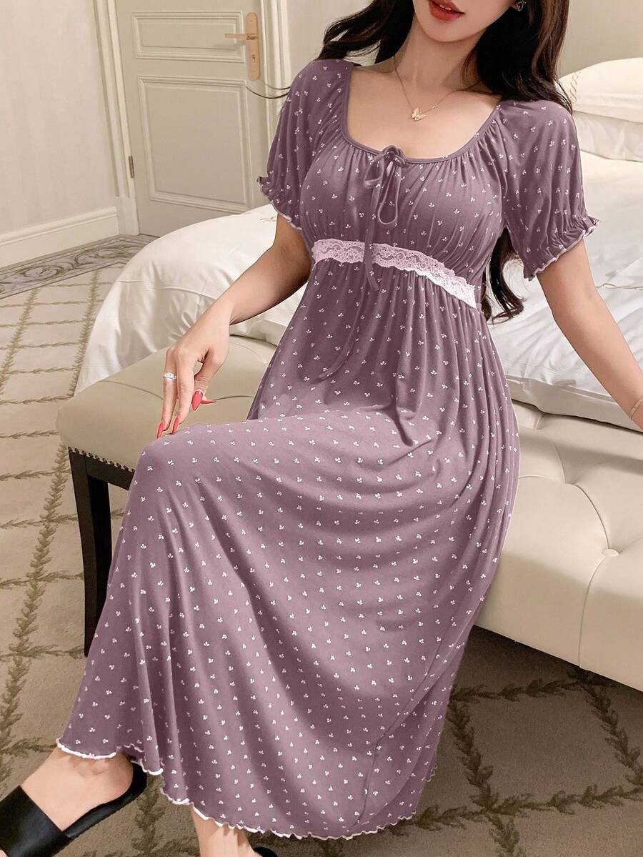 DAZY French Floral Ruched Tie-Up Lace Patchwork Waist Maxi Nightgown, Women Sleepwear Dress - Mauve Purple - View 1