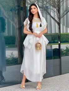 Al Najma Abito casual da donna con scollo rotondo, motivo floreale ricamato, design con laccio in vita e nappine, stile arabo per feste - Multicolore - Visualizzare 5