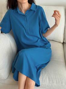 DAZY Đầm nữ tay ngắn màu trơn cài cúc, kiểu dáng thường ngày, thích hợp mặc ở nhà. - Màu xanh lam - Xem 3