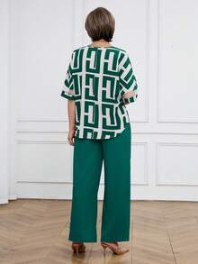 Miaspire Women's Casual Commuter Geometric Print Top And Pants 2 Pieces Set - Cadet Blue - View 2