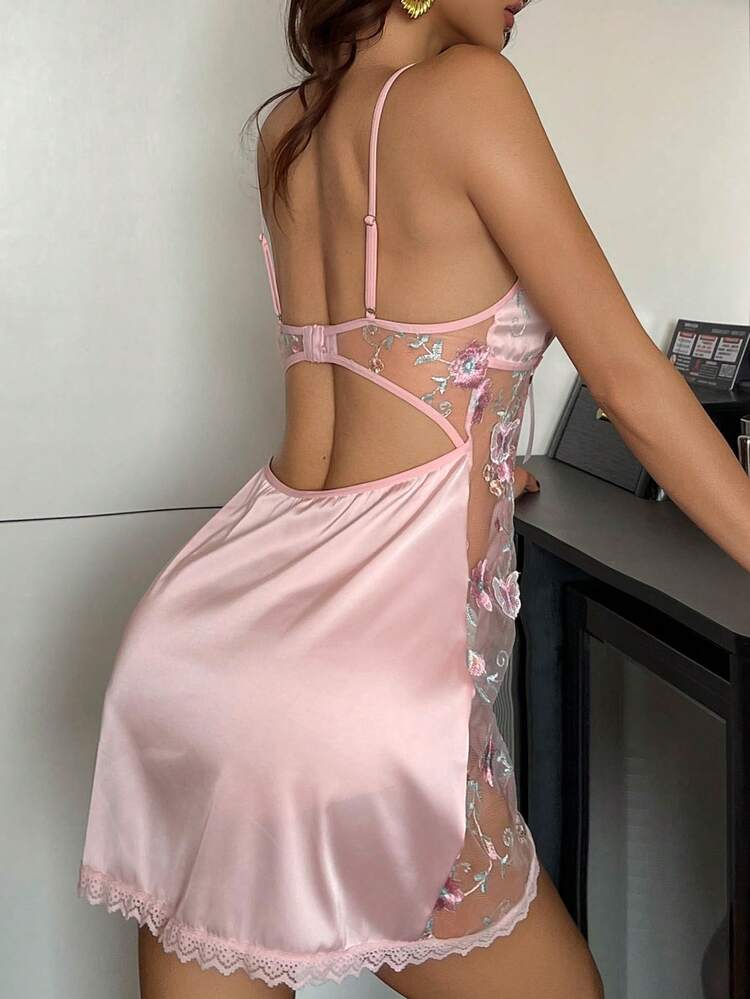 Colorful Lace Patchwork Camisole Waist Cinching Backless Adjustable Strap Short Sexy Nightgown For Women