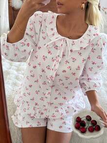 DAZY Conjunto de pijama de mujer con volantes en el bajo y estampado floral diminuto de verano - Blanco - Ver 13