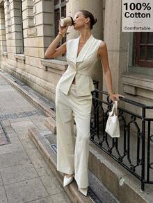 Siren Gaze Bộ quần áo nữ 100% cotton, thích hợp cho mặc hàng ngày, dạo phố, đi nghỉ mát, đi biển, công sở, đi làm, bộ đồ hai mảnh thanh lịch dành cho nữ, trang phục vải lanh, bộ đồ hai mảnh mùa hè thoải mái dành cho nữ, bộ đồ công sở thường ngày dành cho nữ. - Màu be - Xem 7