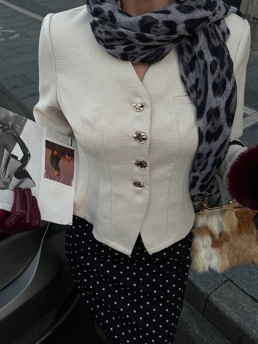 DAZY Women's V-Neck Metal Single-Breasted Elegant Blazer - Apricot - View 1