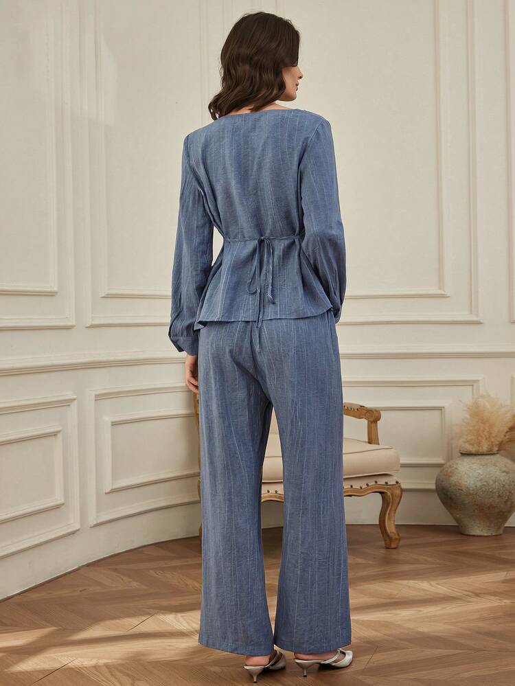 Women's Spring/Autumn Casual Vacation Style Keyhole Neck Long Sleeve Top And Drawstring Waist Wide Leg Pants 2-Piece Set Business Casual Woman