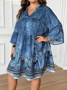 SHEIN CURVE+ 大码深V领印花短款休闲连衣裙，适合度假波西米亚风度假 - 彩色 - 查看 2