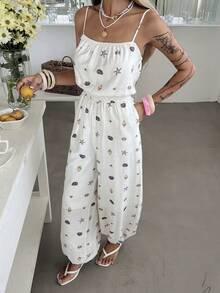 Livesso 女士休闲印花连体裤 - 米色 - 查看 3