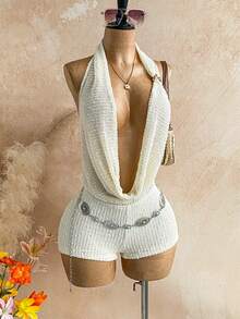 SHEIN WYWH Women's Solid Color Halter Draped Backless Sexy Sleeveless Jumpsuit - Apricot - View 4