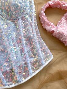 Soleia Áo định hình vóc dáng, đính sequin nhiều màu sắc, ôm sát, thanh lịch, buộc dây phía sau, ren và hoa văn. - Màu xanh lam - Xem 5