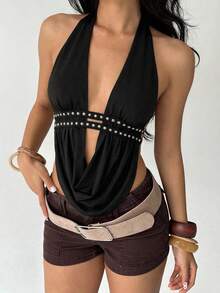Aloruh Women's Fashionable Sexy Rivet Detail Halter Backless Top, Summer - Black - View 8