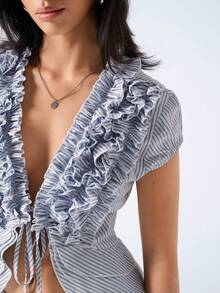 LYSMO 2026 New Arrive Minimalism Spring/Summer Women's Fashionable Striped Ruffle Tie Front Blouse, Summer - Baby Blue - View 7