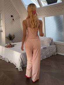 SHEIN Women's Romantic Polka Dot Lace Trim Sleepwear Set - Red - View 6