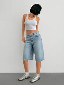 SHEIN Quần short denim cạp cao, chất liệu cotton, in họa tiết ngôi sao đính đá. - Rửa nhẹ - Xem 4
