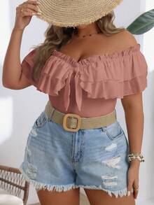 SHEIN VCAY Camiseta casual de talla grande con hombros descubiertos y ribete de volantes en unicolor - Rosa coral - Ver 6