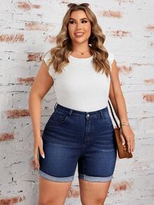 EMERY ROSE Plus Size Casual Denim Shorts, Fashionable For Summer - Dark Wash - View 4