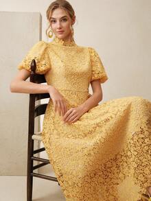 Anewsta Spring And Summer New Openwork Water-Soluble Lace Embroidered Slim Waist Stand Collar Puff Sleeve Asymmetrical Hem Elegant Mid-Length Dress - Pale Yellow - View 3