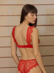 lacRébo Red Satin And Lace Lingerie Set With Lace-Trimmed Straps And Matching Panties Sexy Chic Lingerie Romantic Lingerie Set - Red - View 2