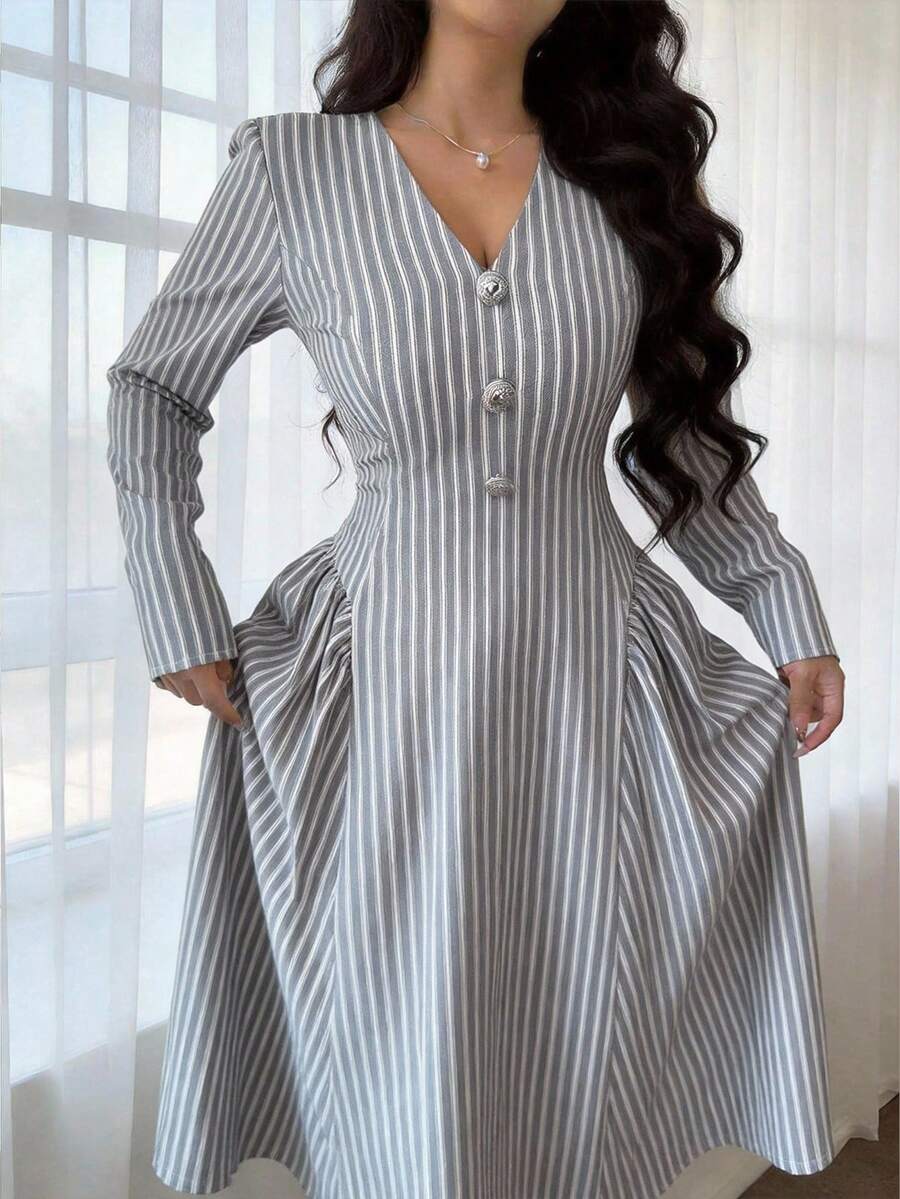 Modelyn Women's Striped Button Design V-Neck Long Sleeve Casual Dress - Grey - View 1