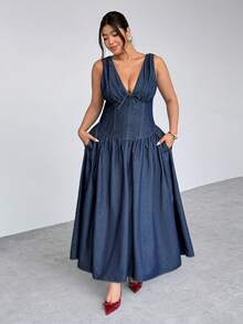 Firerie Đầm denim mùa hè cỡ lớn, kiểu dáng thường ngày, thắt eo phía trước. - Màu xanh lam - Xem 4