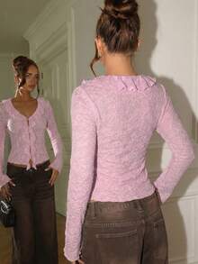 Glamine Cardigan tricoté fin avec décolleté plongeant, volants et nœud devant, couleur abricot, convient pour le port quotidien à la maison - Rose bonbon - Voir 2