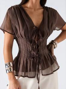 SHEIN EZwear 大码纯色系带领褶皱休闲日常短袖衬衫，春夏款 - 棕色 - 查看 1