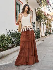 Nöista Crochet Vest Features With OpenEventAnd A V-Neckline, Button Down In Fron. Boho, Festival, Spring, Summer, . - Apricot - View 5