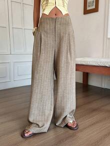 DAZY Quần tây nữ kẻ sọc kiểu dáng thường ngày, thích hợp cho mùa hè. - Màu Khaki - Xem 3