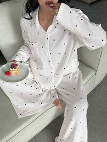 Dazy Plus Heart Print Loose Long Sleeve Top And Long Pants Pajama Set, Plus Size Women Spring/Autumn Sleepwear - White - View 5