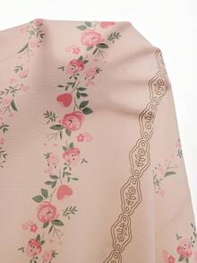 PalaceNights Floral Print Lace Decorated Loose Long Sleeve Robe, Camisole Slip Dress With Ruffle Trim, Woven Textured Fabric Women Pajama Set - Apricot - View 8
