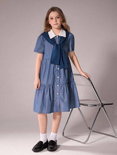 Tween Girl Casual Cute Pink Striped Dress, Spring/Summer Tops, Vacation Fashion Design Suitable For Daily Outings, Casual Wear And More Occasions