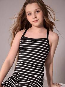 Tween Girls Striped Camisole Fitted Vacation Tops, Casual Tops, Versatile , Suitable For Vacation, Travel, And Various Occasions, Spring/Summer - Black and White - View 5