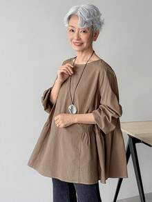 FRIFUL 女士纯棉褶皱圆领长袖宽松休闲百搭衬衫，适合春夏穿着 - 灰色 - 查看 7